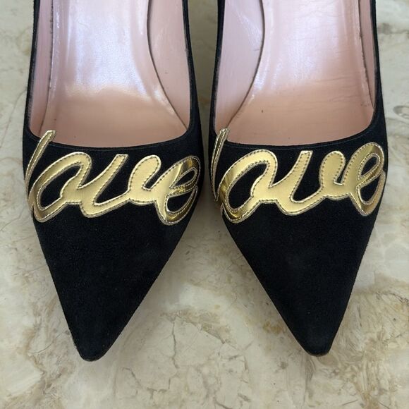Kate Spade New York Gold “Love” Black Suede Leather Stiletto Heels Pumps - Picture 6 of 15